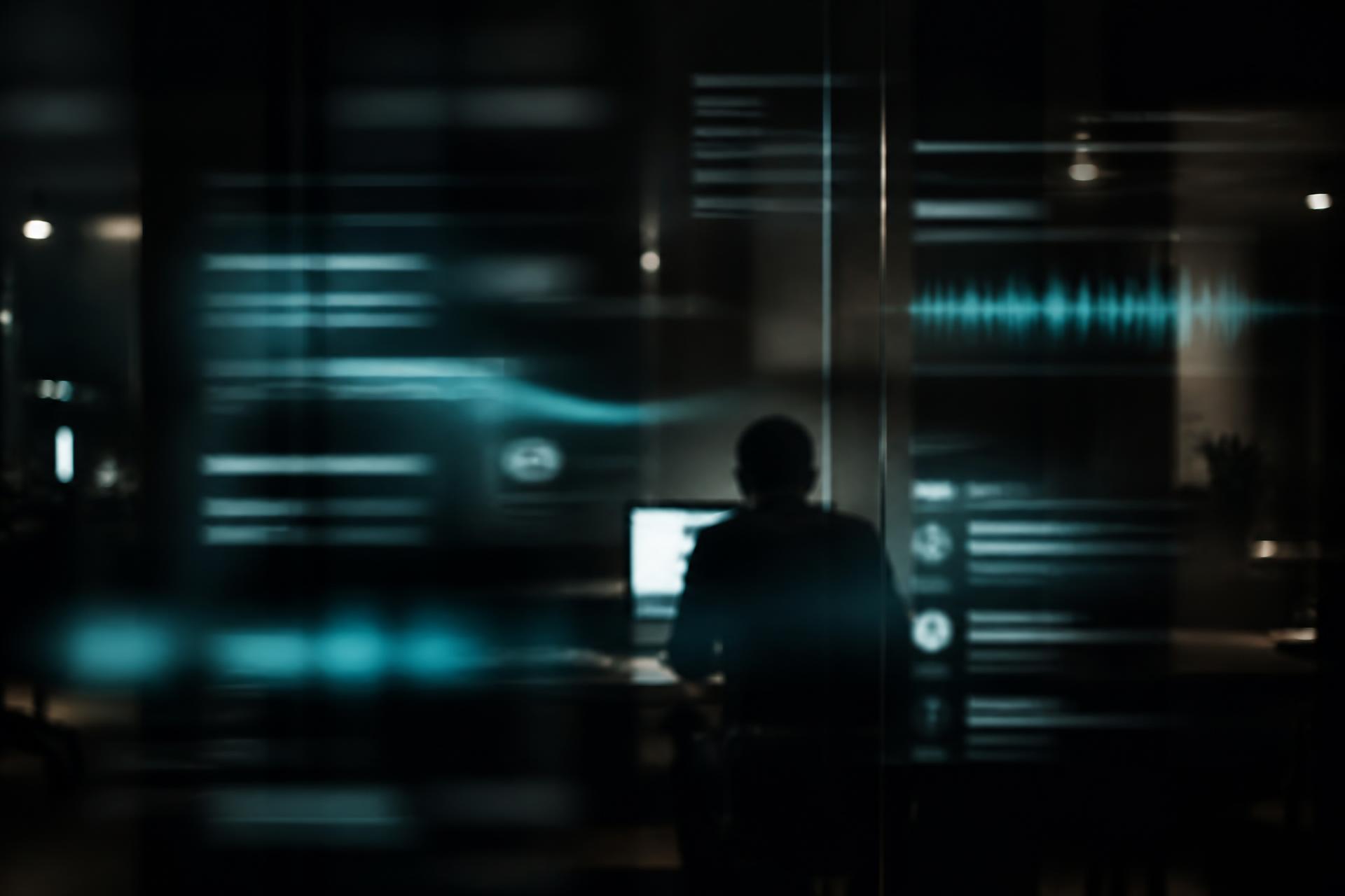 Layered newsletters, podcast waveforms and feeds glowing in a dark newsroom